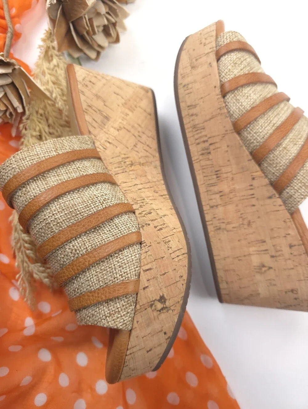 Chocolat Blu Woven Tan Cork Wedge Slide Sandals - Sz 8